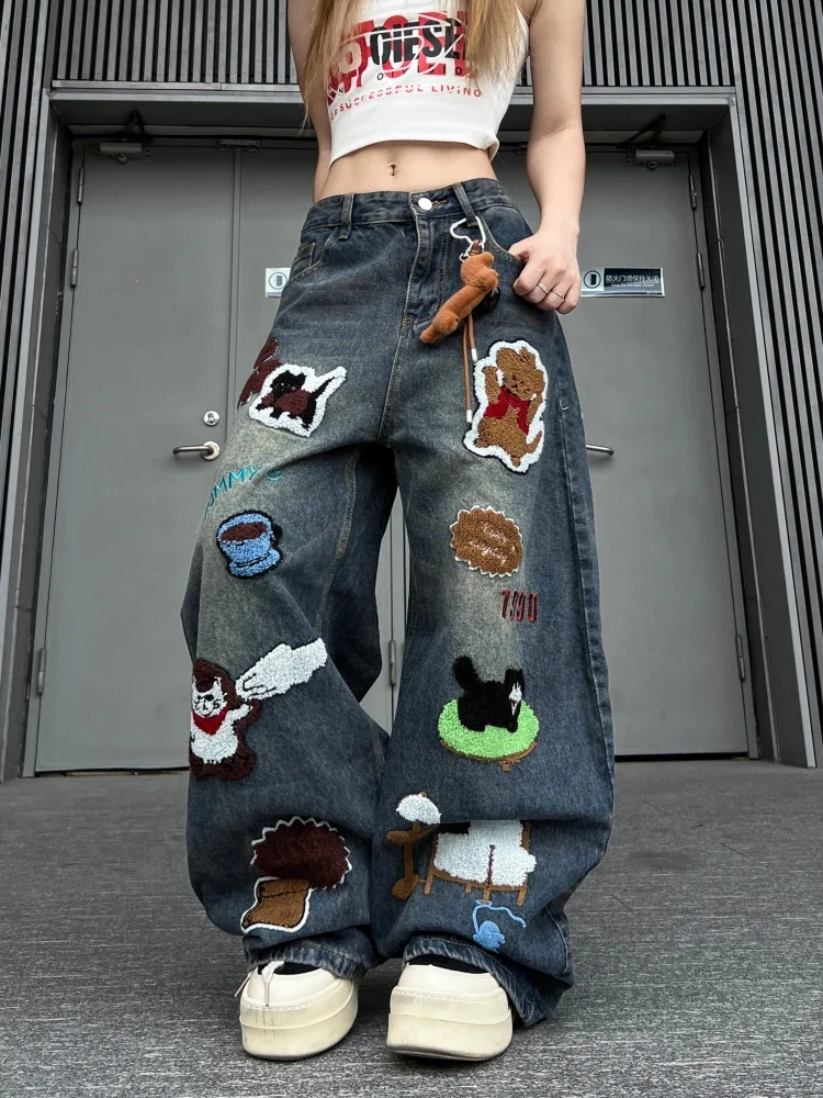 

Retro Blue Cartoon Patchwork Wide Leg Knife Pants Heavy Du Trendy Brand Women's Spring Faion Versatile Loose Jeans