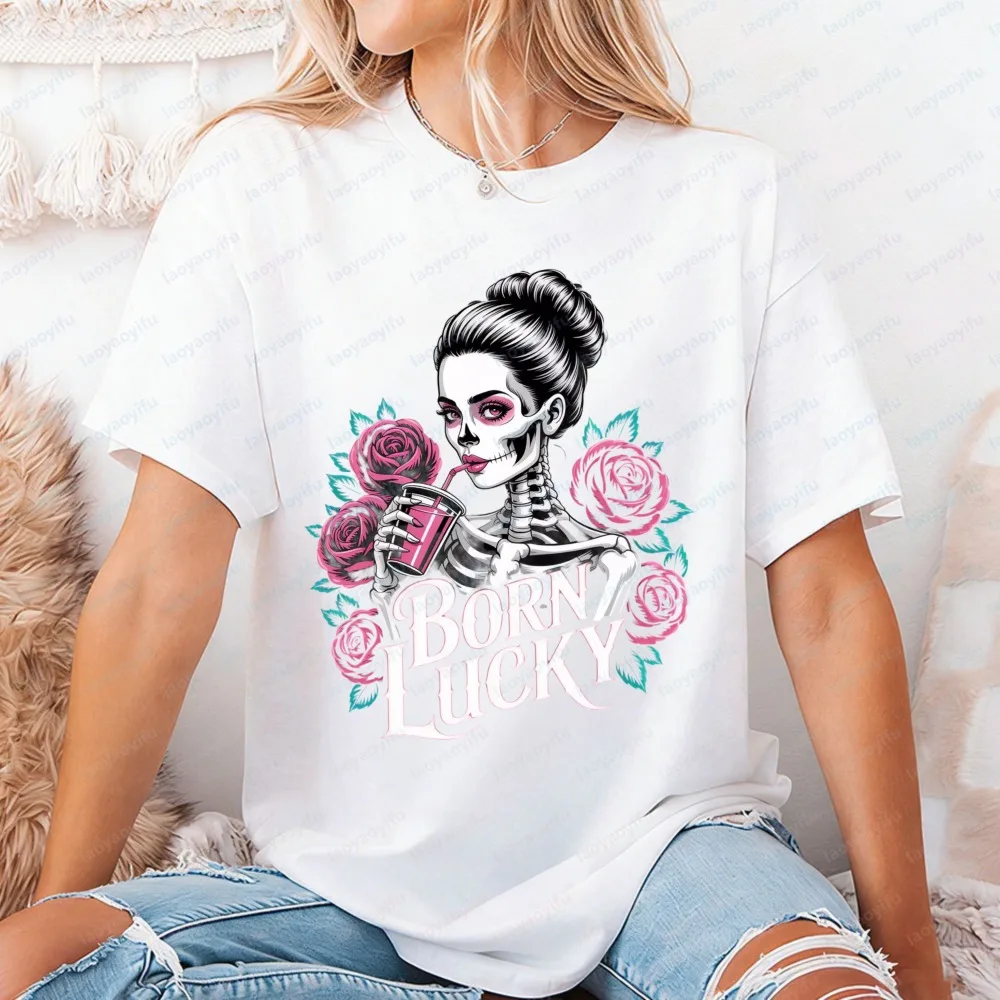 Vibrant BORN LUCKY Gothic Rose Cotton T-Shirt Striking Day of The Dead Skeleton Print Casual Tops Punk Vintage Clothes for Women