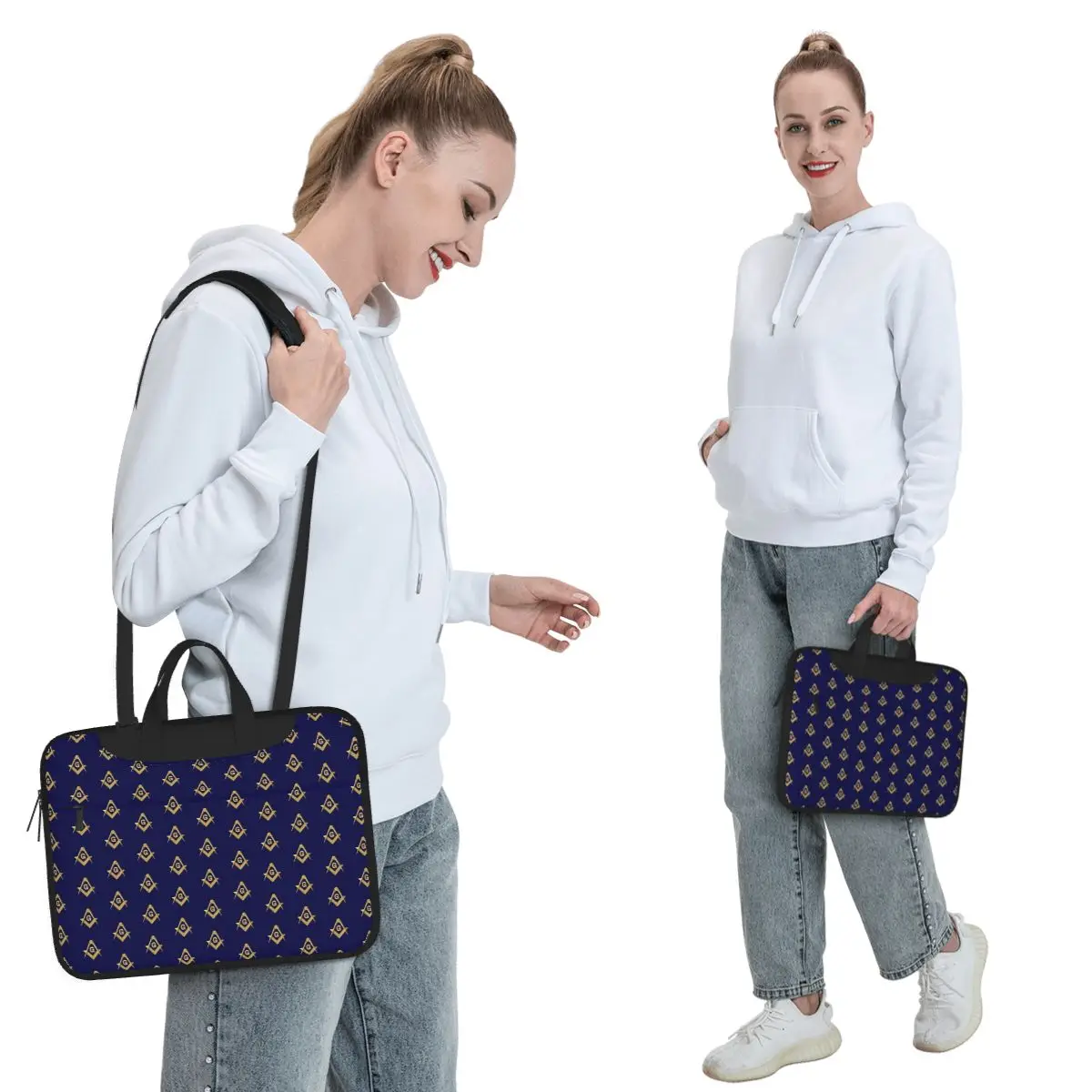 Freemason Pattern Gold Blue Square And Compass Masonic Crossbody Laptop Bag Case Computer Bag 13 14 15.6 InchMacbook Pro Lenovo