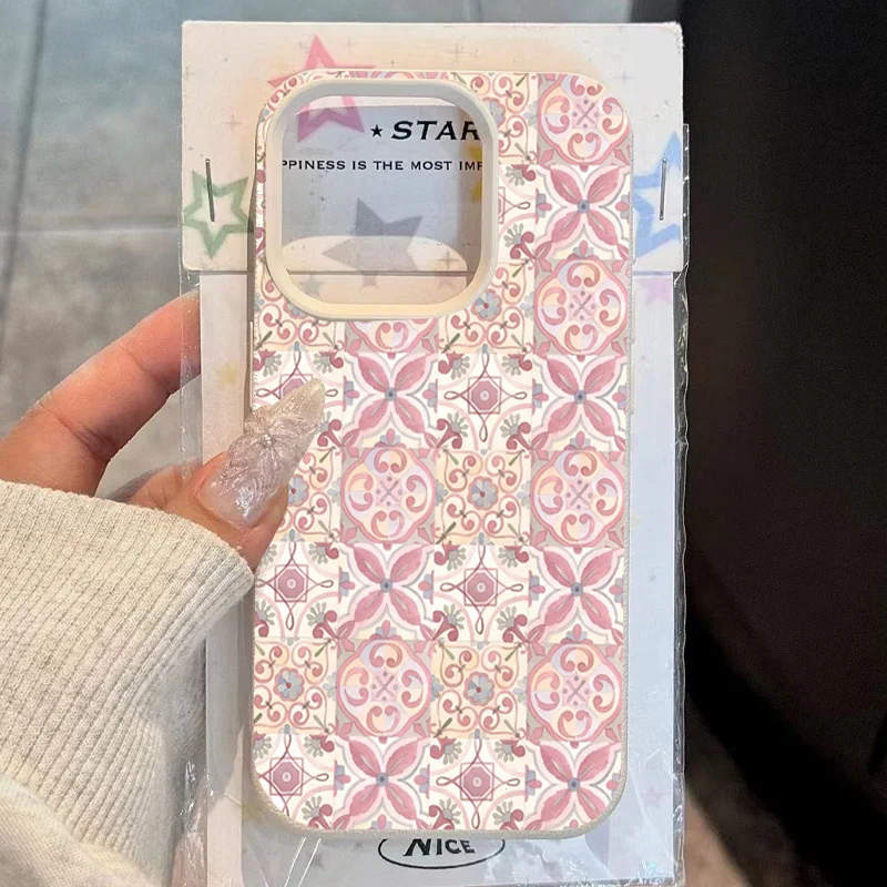 Retro Totem Flower Pattern Phone Case For iPhone 11 12 13 14 15 16 17 Pro Max 16e 17Air X XR XS Lychee Texture Shockproof Cover