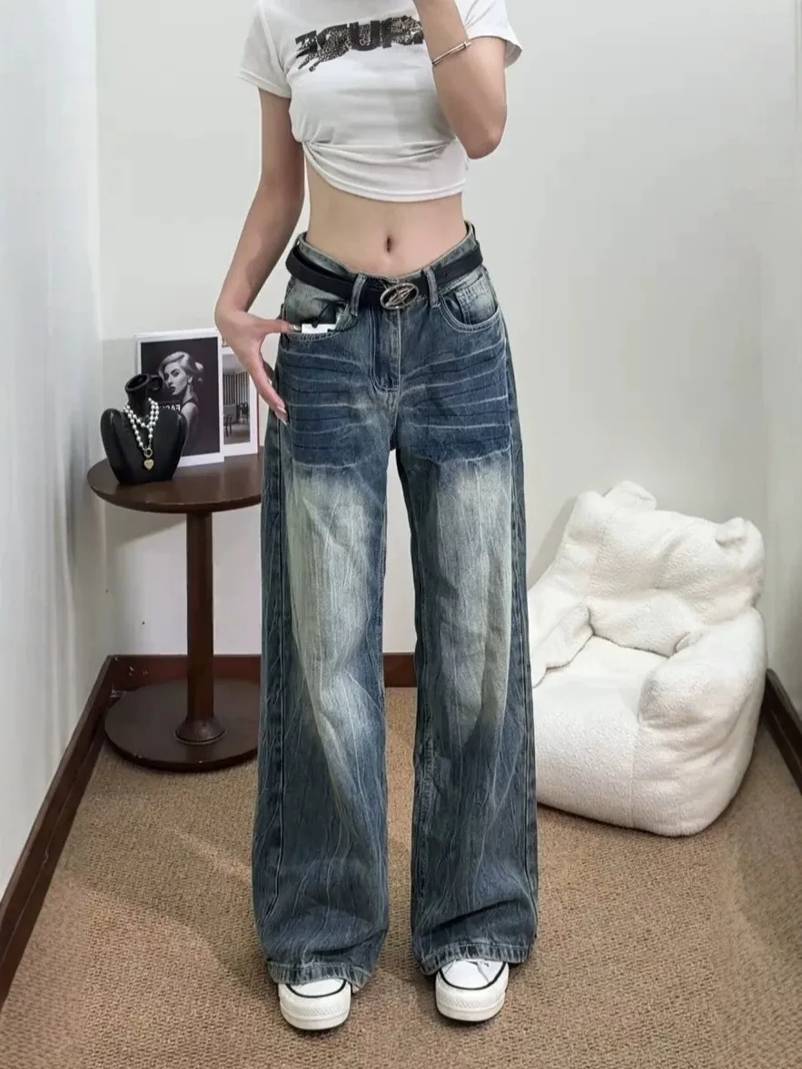 Low Waist Wide Leg Jeans Women's Slimming Casual Loose Fit Straight Cut Denim Pants Vintage Washed Durable Comfortable Trousers