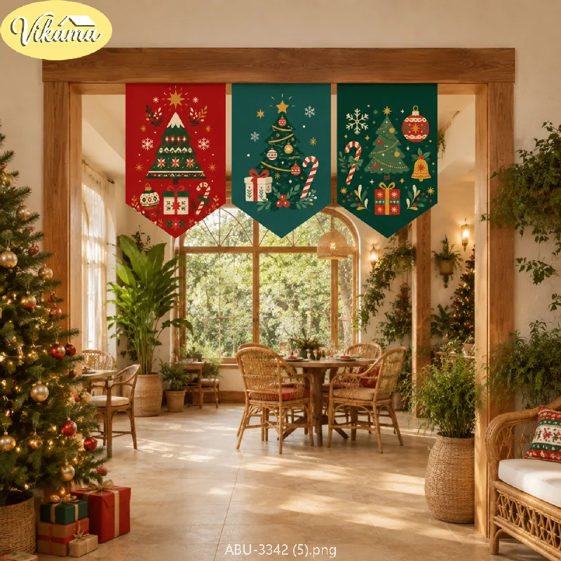 VIKAMA Classic Red and Green Christmas Triangle Banners, Fabric Triangle Banners for Door and Wall Decor, Christmas Home Decor