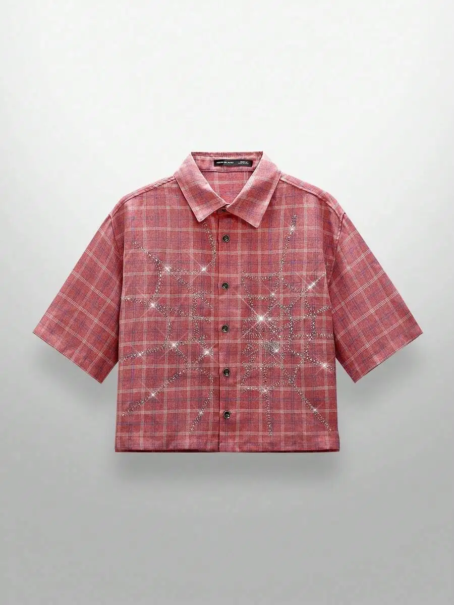 

Men's Red Plaid Short Sleeve Shirt with Rhinestone Web Pattern, Casual Streetwear