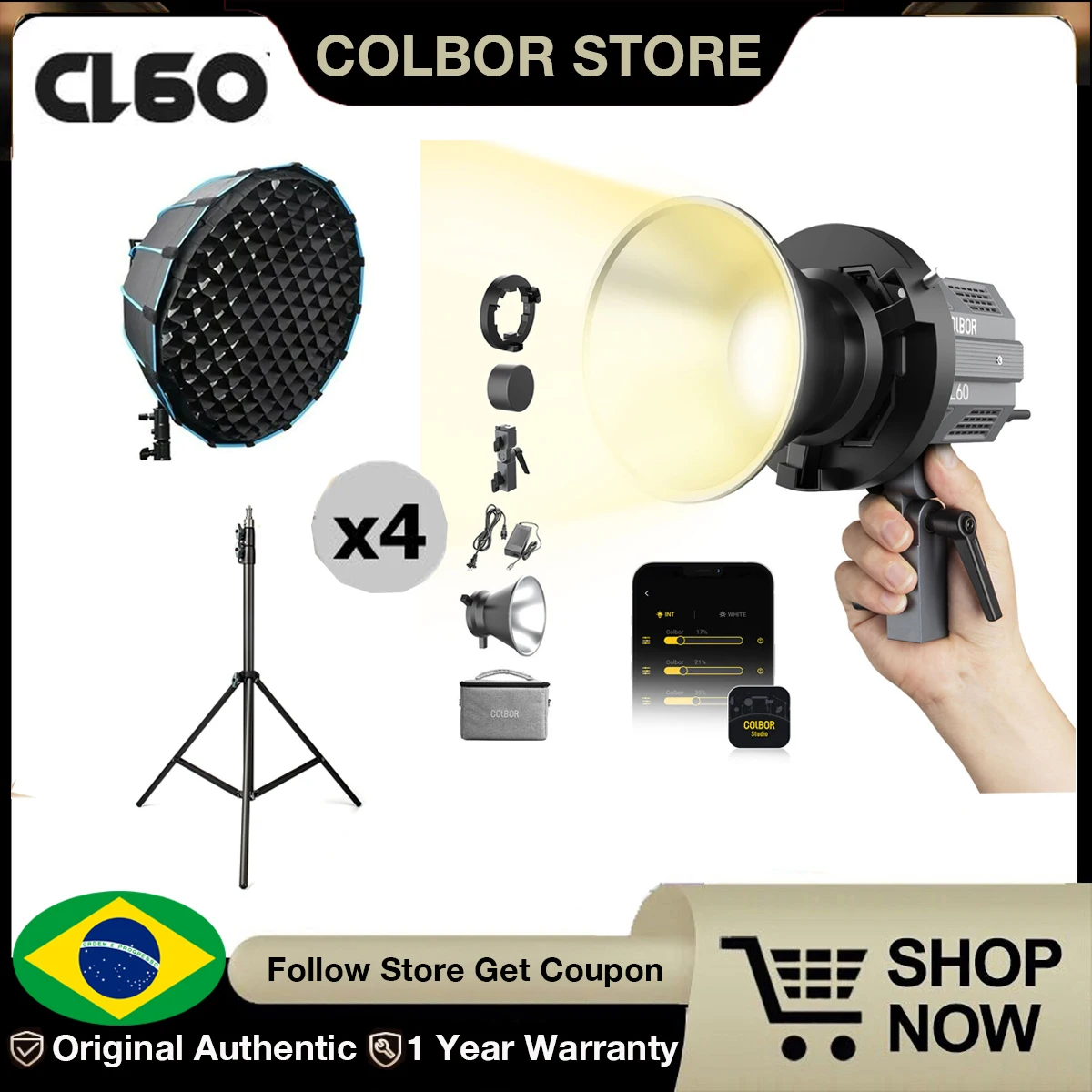 【Do Brazil】COLBOR CL60 Bicolor COB LED Video 4 Light Kit with Softbox Stand Continuous Output Lighting 65W 2700k-6500K App