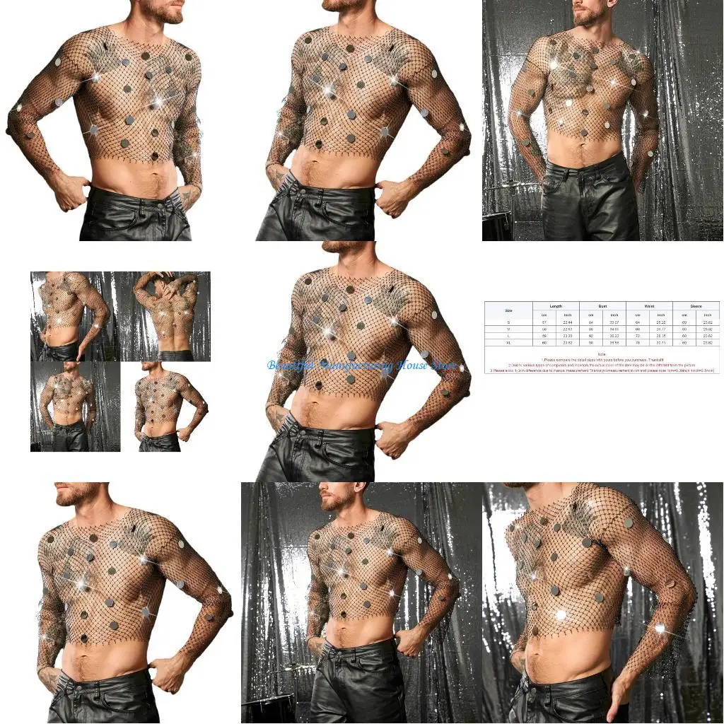 E56A Mens Glitter Club Shirt Rhinestones Sequins Embellished Design Black Top