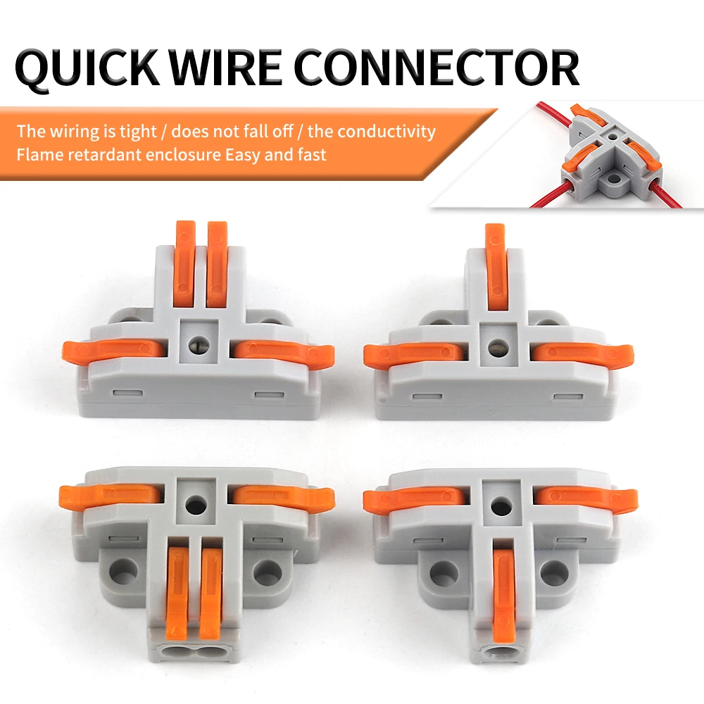 

10PCS T-type Wiring Terminal Universal Electrical Wire Cable Connectors 3/4 Ports Compact Conductor Push-in Splitter With Lever