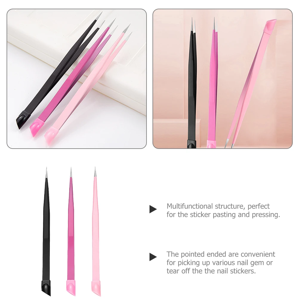 

3pcs Multi-purpose Nail Tweezers Set Pink Black Rose Dual-ended Eyelash Extensions Stainless Steel Beads Tools Pointed Tip