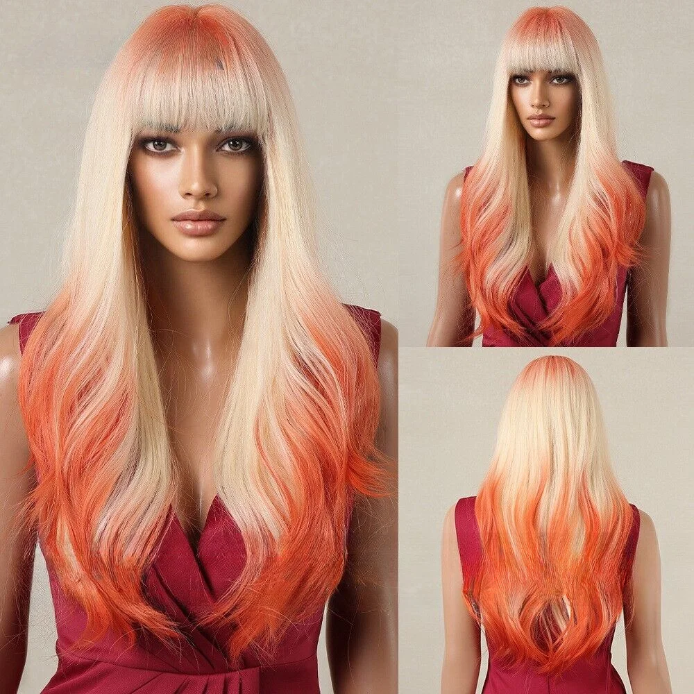 

Ladies orange big wave long curly natural full head cover Wigs