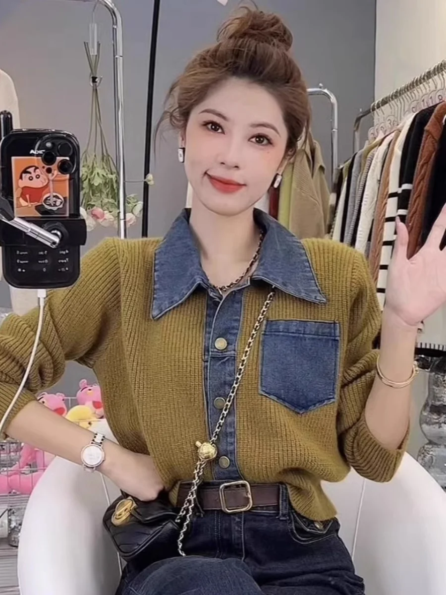 

Длинный свитер Slim Fit Sve Ne, женский модный свитер из смеси осенне-зимы, джинсовый лоскутный трикотаж, универсальный топ Sli