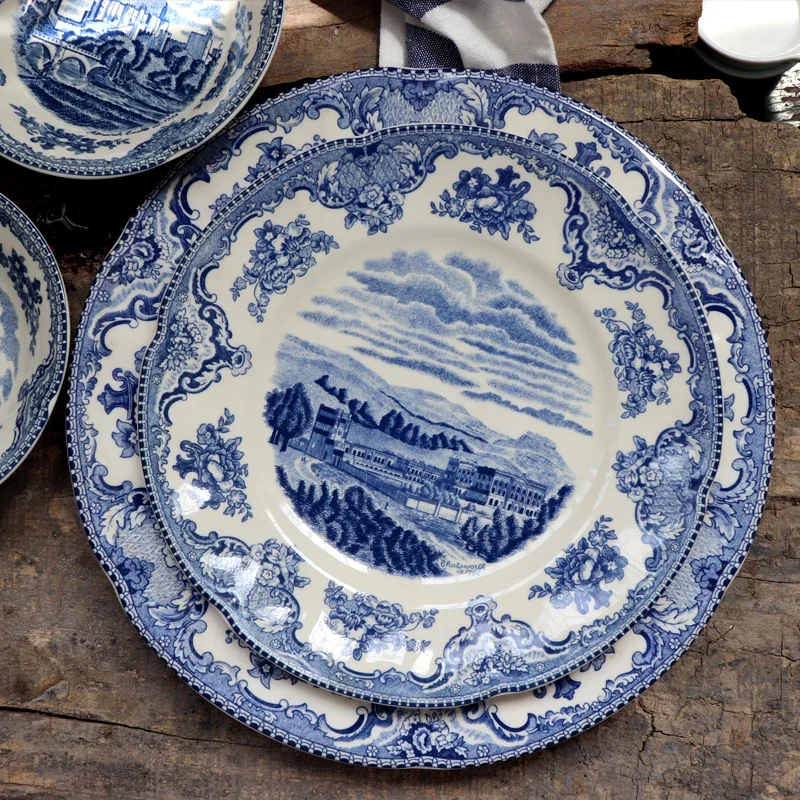American Countryside Style Retro Blue Castle Ceramic Tableware Household Coffee Cup and Saucers Dinner Plates for Party Wedding