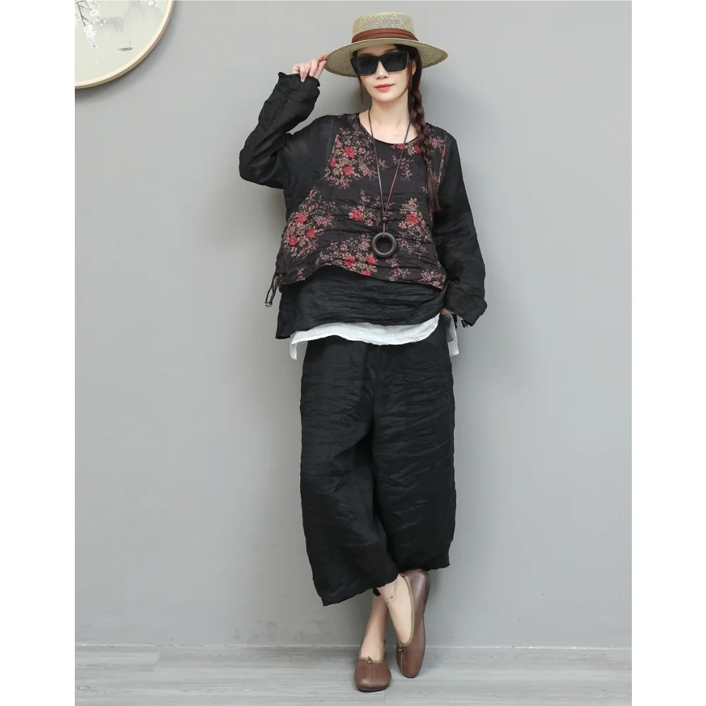 

Artistic Style Ramie Two-piece Set Women Suit Summer Lightweight Floral Vest + Loose Cropped Wide-leg Pants XY221