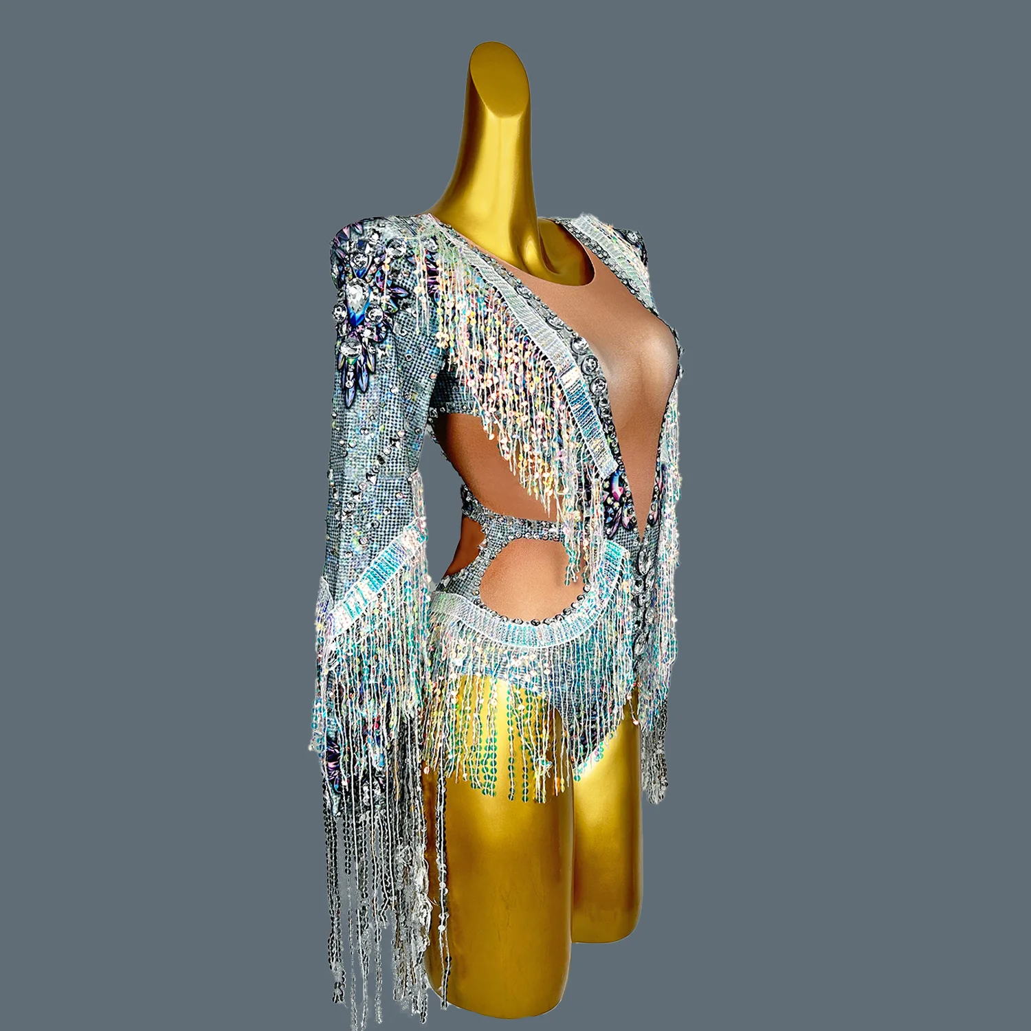 Women Rhinestone Sequins Tassel Dance Bodysuit Stretch Dance Fringes Jumpsuit Club DJ Singer Leotard Stage Dance Costume Qiaqia