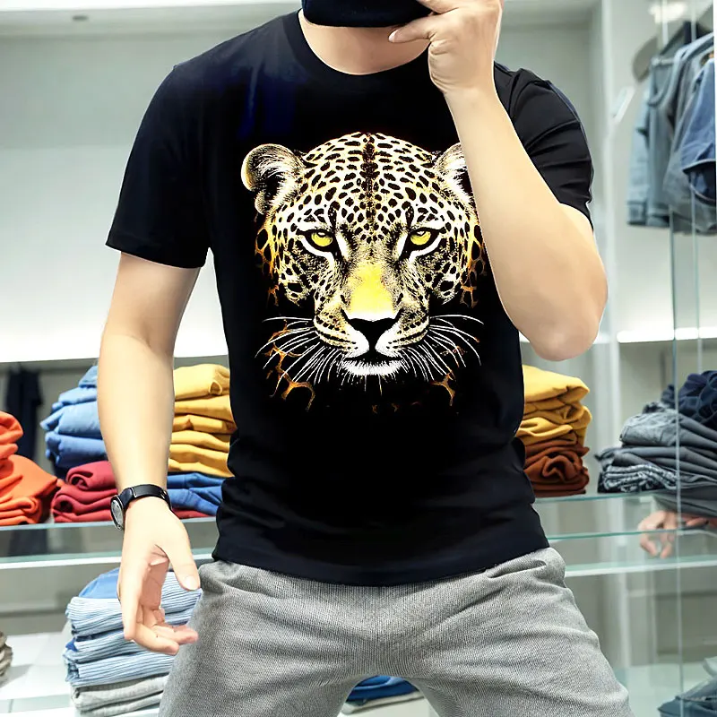 

Chun yu yin jia Designer Chic luxury brand Pattern 3D Leopard Print Short Sleeved t-Shirt for man Black men tee