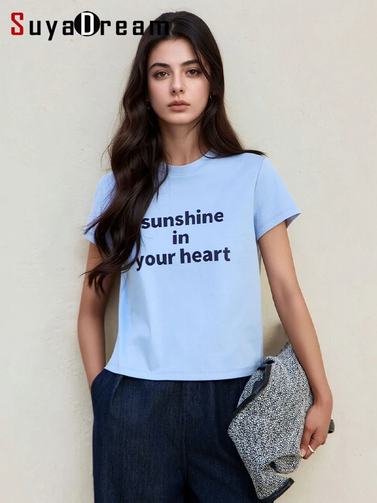 

SuyaDream,Women Solid T shirts, 10%Silk 58%Cotton, O Neck, T-shirt with letters, 2026 Spring Summer Colors Cozy Chic Top