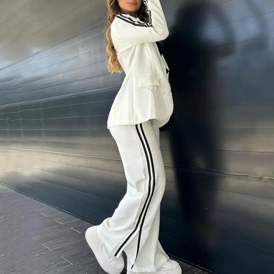 

Women 2 Piece Sets Suit Wide Leg Pants Turn Down Collar Pockets Striped Coat Trousers 2025 Office Lady Outfits
