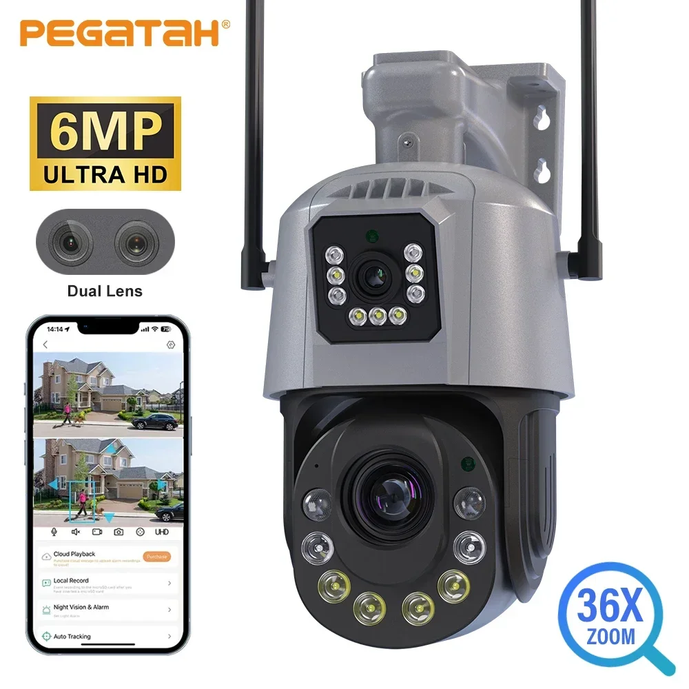 6MP Wifi PTZ IP Camera Outdoor Dual Lens Dual Screen 50x 30X Zoom Human Detection Wireless CCTV Security Surveillance Camera 2K