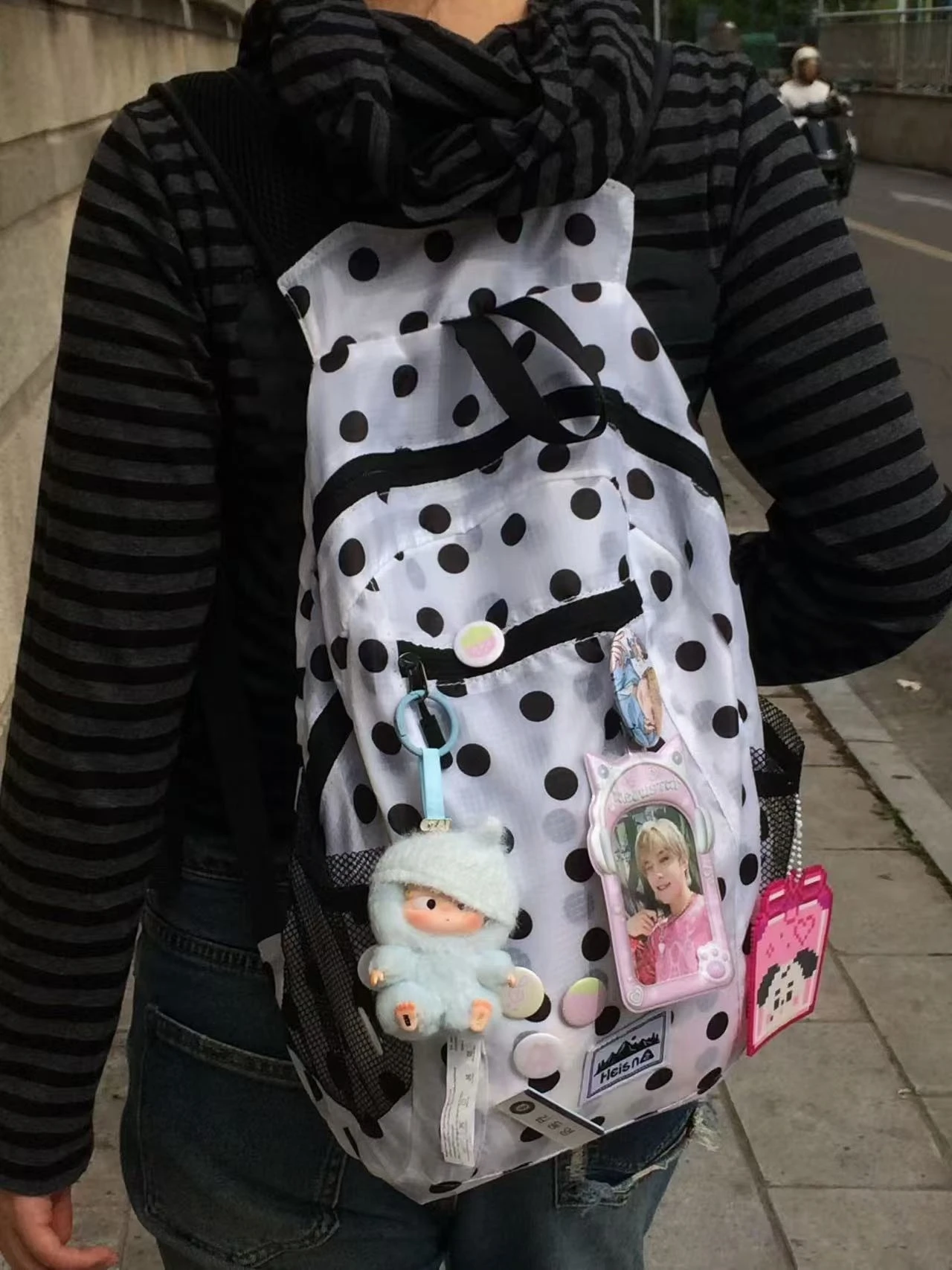 heisan-polka-dot-nylon-backpack-lightweight-foldable-double-shoulder-climbing-sports-bag-fashionable-women's-backpack