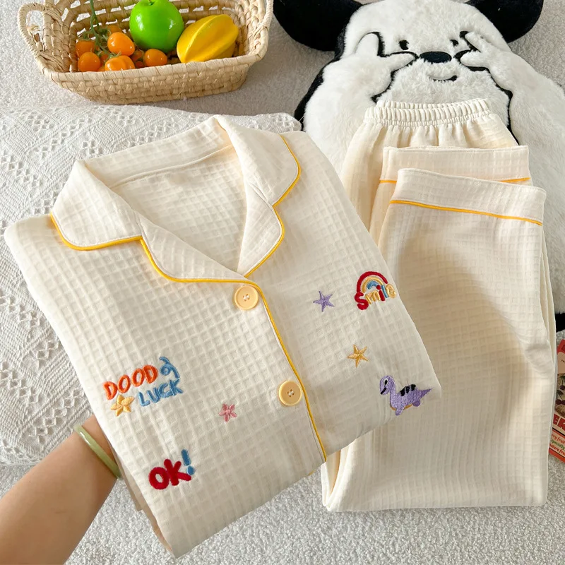 Cute Nightwear Little Dinosaur Ins Autumn and Winter Waffle Grid Sandwich Air Cotton Pajamas Women's Homewear Striped Sleepwear