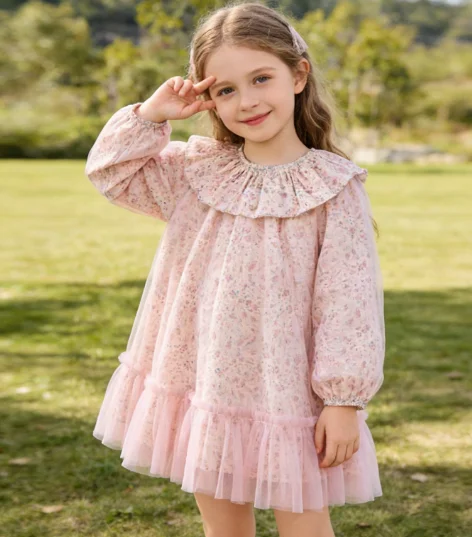 

Children's Clothing for Girls with Floral Mesh Patchwork Skirt 2026 Spring Fashion and Cute Kids Beautiful Dress