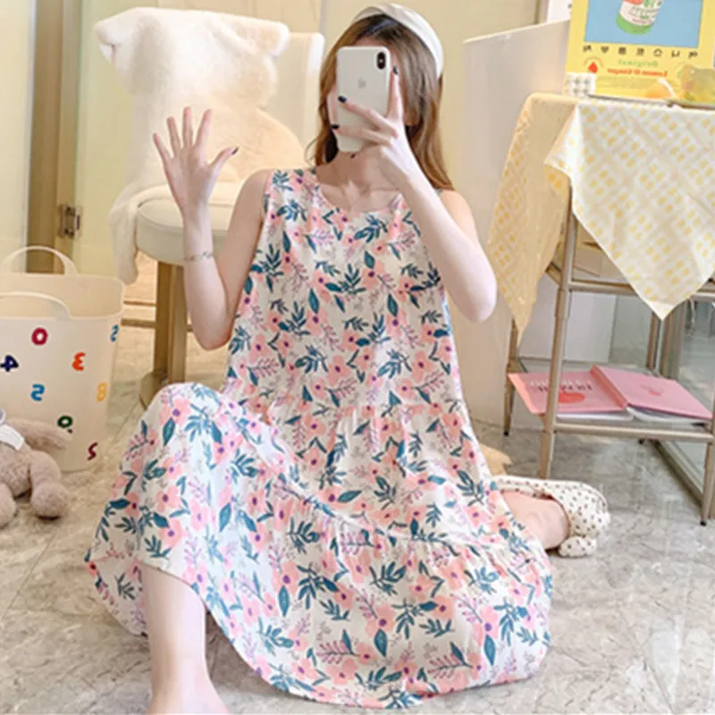 UHYTGF Spring Summer Nightdress Women Sleeveless Cotton Silk Thin Home Clothes Dress Female Pajamas Sweet Student Sleepwear 2488