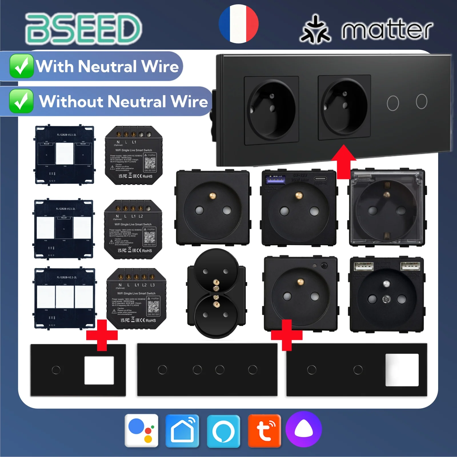 BSEED Matter Touch Switch Module Melody-Series WIFI Smart France Socket Outlet Work With Tuya Smart Yandex Life APP