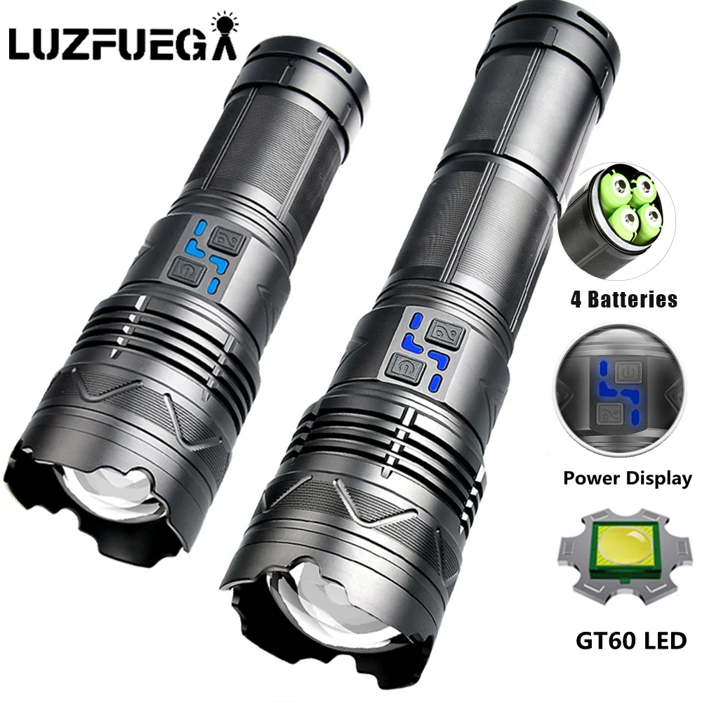 Super Bright Long Range Powerful LED Flashlight Type-C USB Rechargeable 24000mAh/11200mAh Power Display Torch Zoom Light