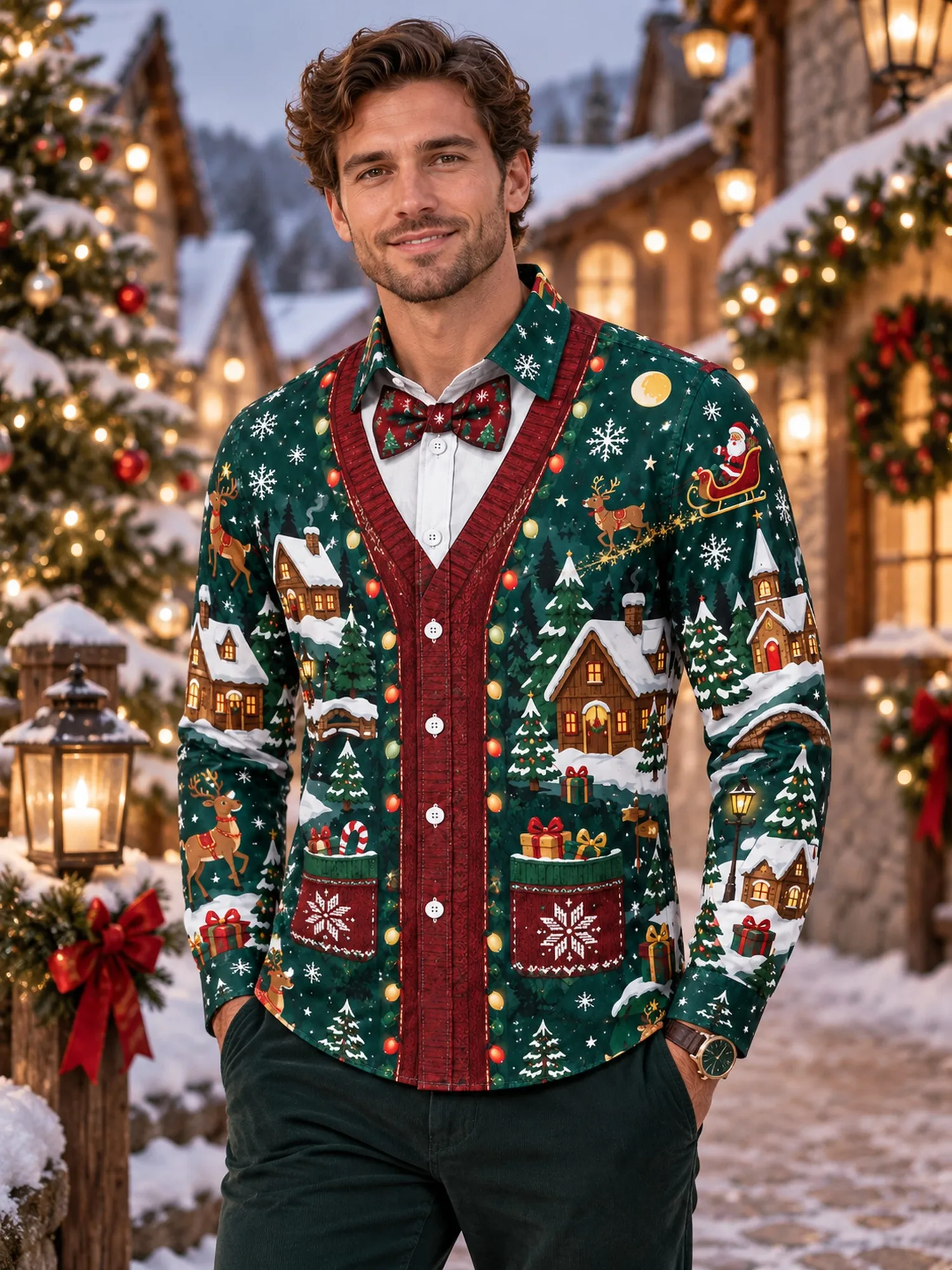 2026 Christmas Men Long Sleeve Shirt Santa House Snowflake Print Lapel Autumn Holiday Casual Top Men's Clothing