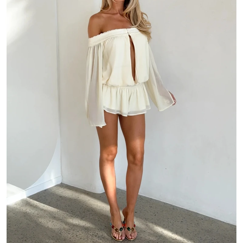 Women Summer Off Shoulder Chiffon Romper Long Sleeve Keyhole Front Lace Trim Flowy Y2k Short Jumpsuit Vacation Outfit