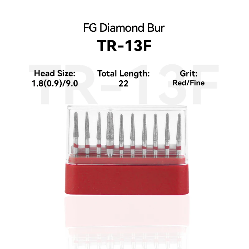 LODDEN 10pcs/box Dental Lab Products TR-13F Diamond Bur FG High Speed 1.8(0.9)/9.0 22.0mm Red Fine Medium Precise Dentist Tool