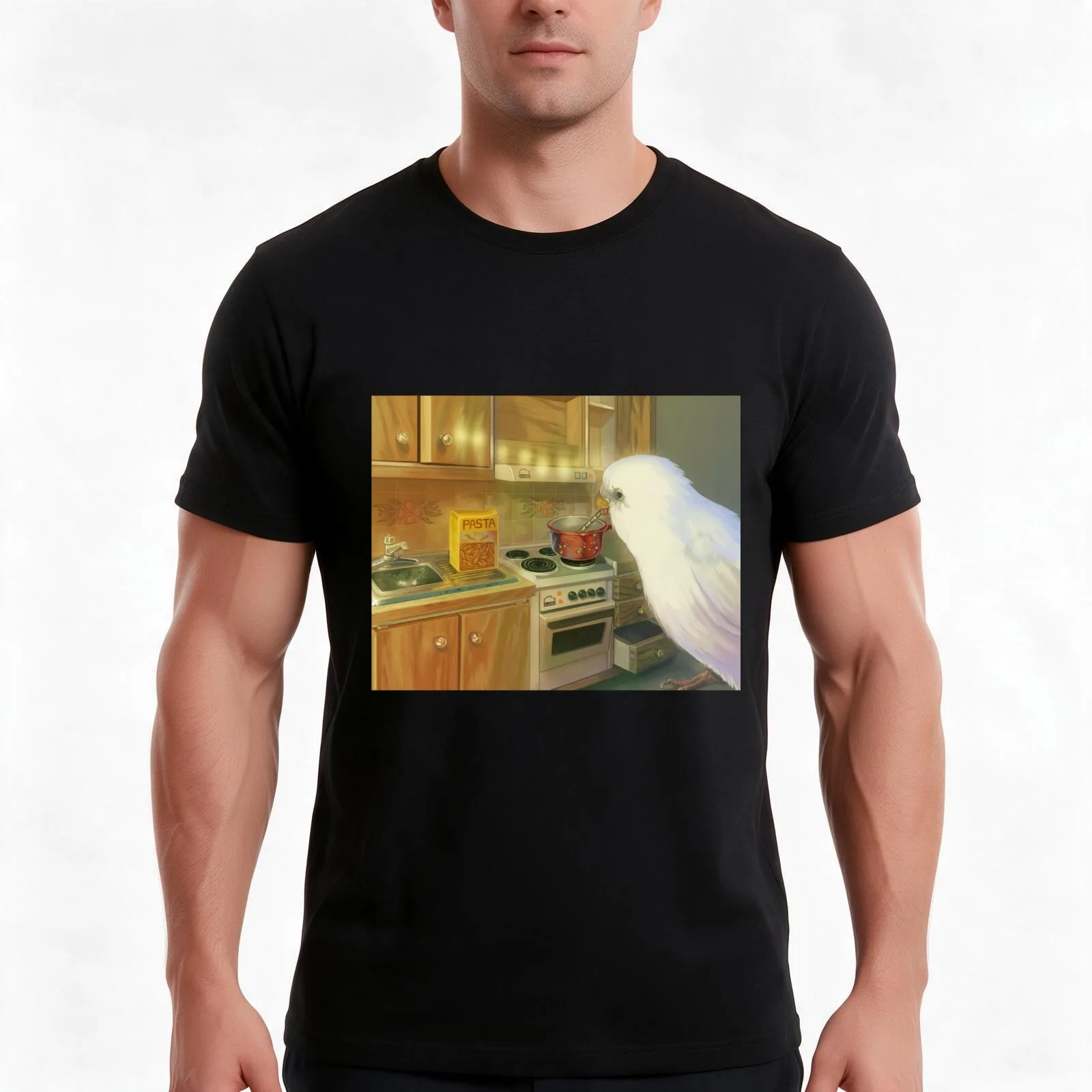 painting of a japanese bird cooking spaghetti T-Shirt Summer Casual Cotton Tee Oversized Streetwear Tops Unisex Men Women