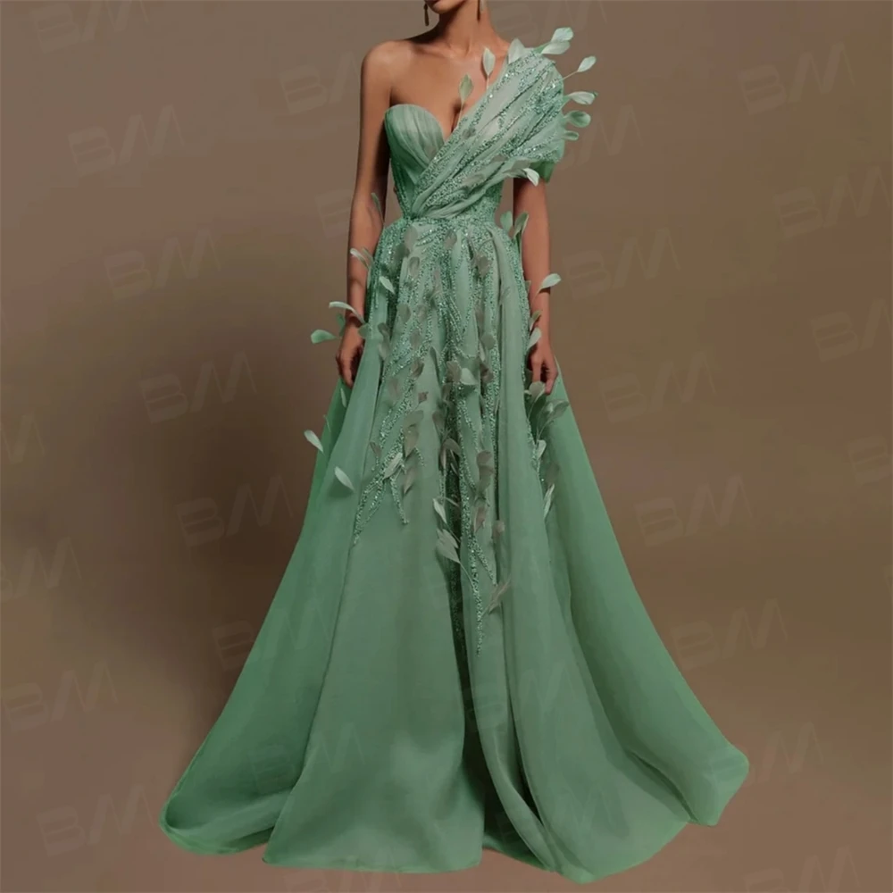 One Shoulder Leaf Prom Dress Hand Beaded Sequined Evening Gown For Women Chiffon Fashion Party Dress Lace Up Back Vestidos