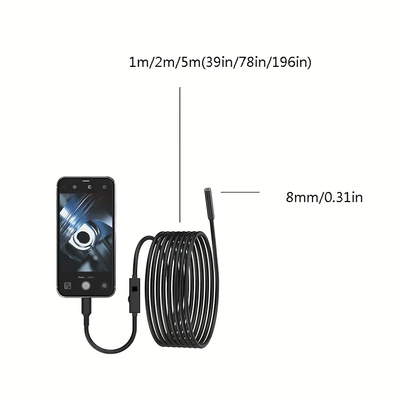 8MM 5m IP67 Waterproof Endoscope Camera 8 LEDs USB Android Flexible Borescope for IPhone, Android , PC