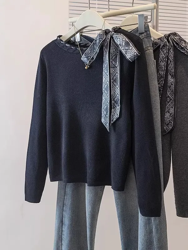 

Женский вязаный свитер большого размера с узлом, свободный крой, весна 2026, модный, больших размеров