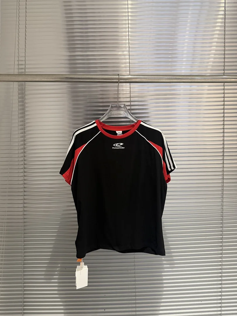 2026 PTL Index Vintage Sports Slogan Embroidery Striped Color Block Slim Fit Stretch Short Sleeve T-shirt