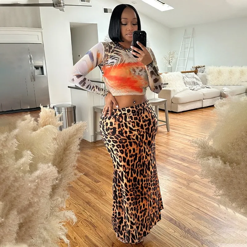 

KEXU Leopard Printed Women's Set Long Sleeve Mini T-shirt and Bodycon Midi Maxi Skirts Suit 2025 Summer Two 2 Piece Sets Outfit