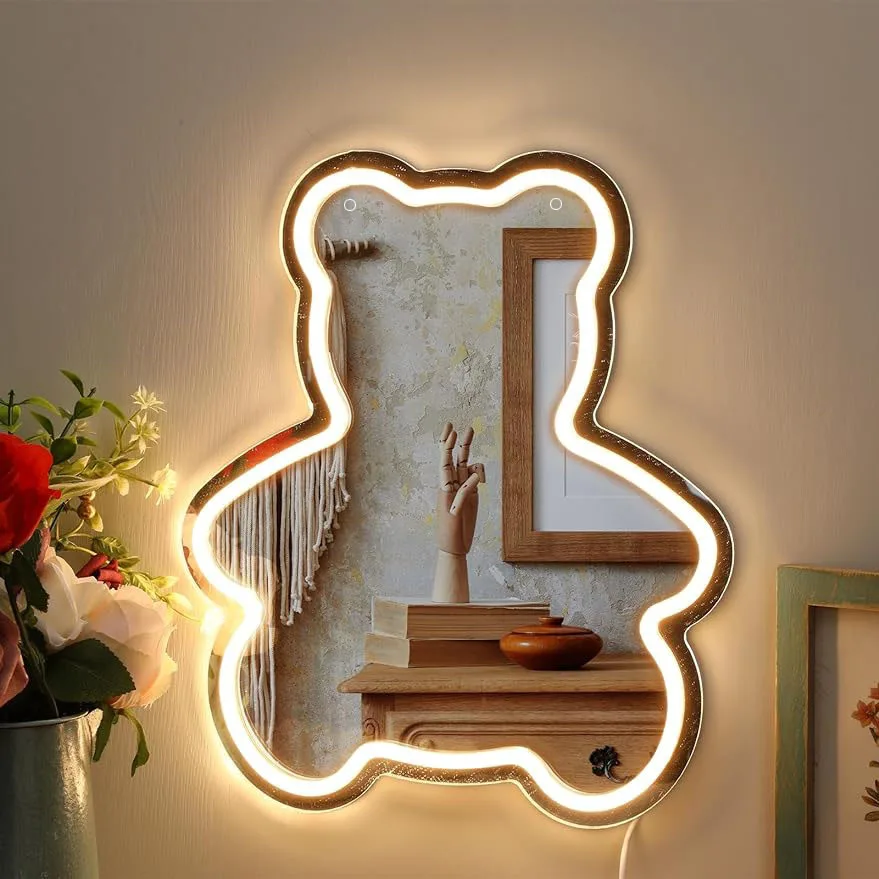 Teddy Bear LED Neon Sign Wall Mirror Art for Kids Room Bedroom Dorm Decor USB Acrylic Aesthetic Mood Lighting Cute Kawaii Gift