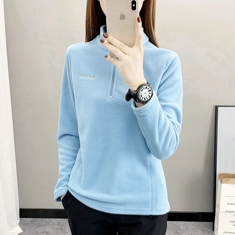 Women Outdoor Sports Fleece Jacket Spring Autumn Thin Breathable Warm Long Sleeve Pullover Sweater Running Hiking Climbing Shirt