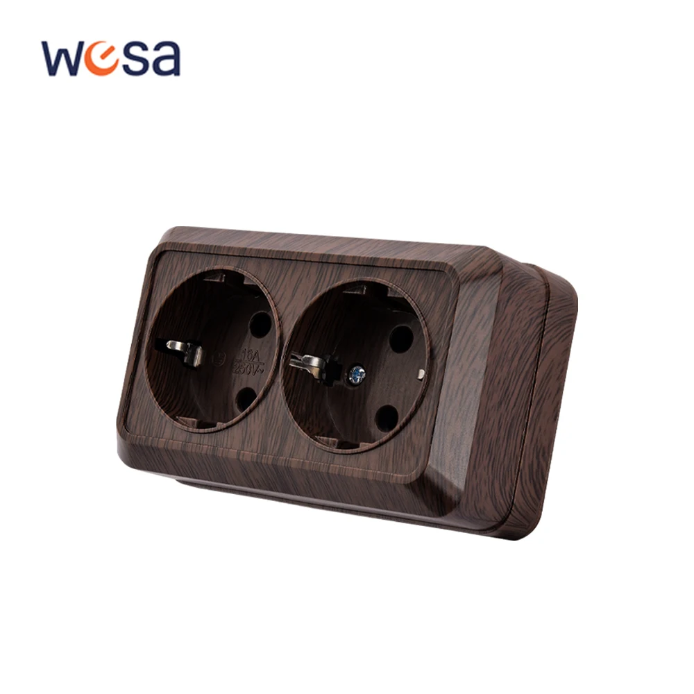 

Wooden Paint Wall Surface 2 Socket Plug EU Exterior Electrical Outlets With Ground Outdoor Power Socket Flame Retardant Plastic