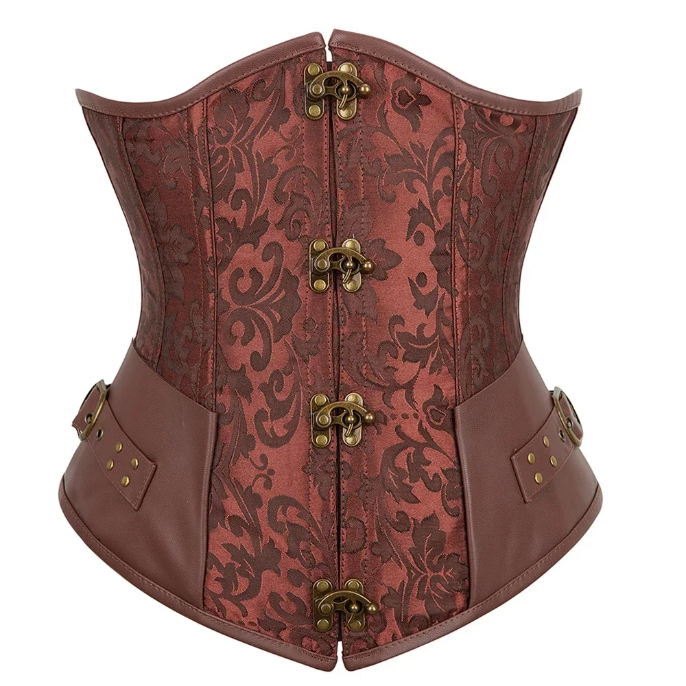 Black Steampunk Underbust Corset Faux Leather Brown Pirate Corset Belt Lace Up Back Jacquard Corset Punk Vintage Top for Women