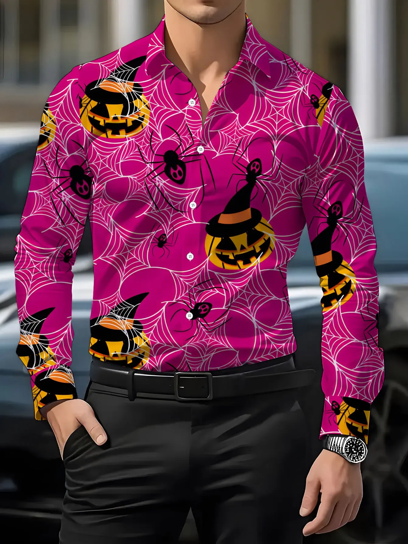 Men Long Sleeve Shirt Halloween Pumpkin Spider Web Print Autumn Fashion Casual Holiday Party Daily Wear Button Down Mens Clothes