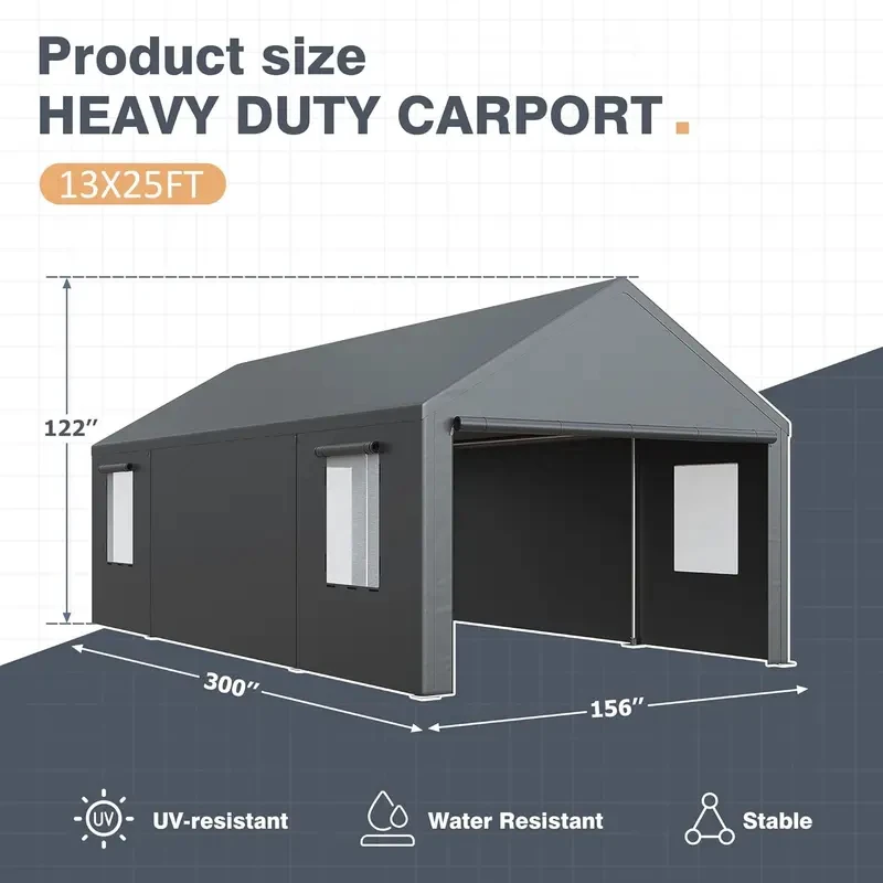 Hot Selling 13x25 Ft Carport Canopy 180g PE Portable Garage with Side Opening Door Roll Up Window Customizable