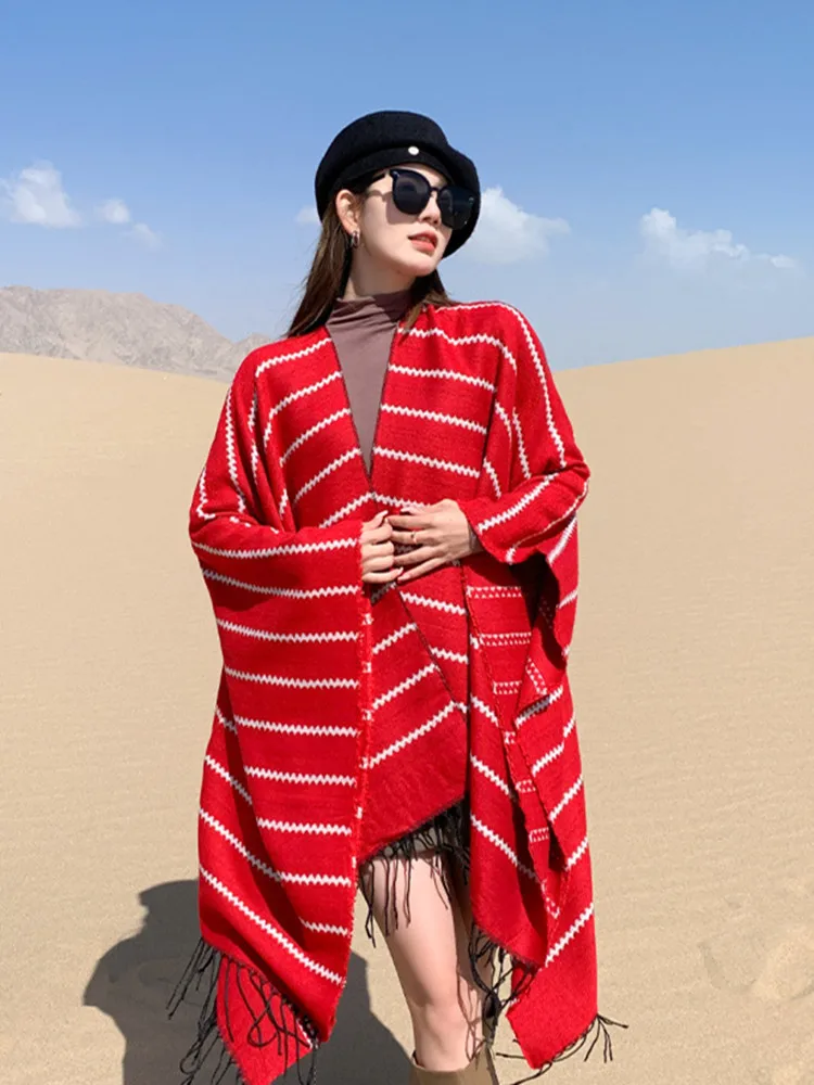 Poncho Mantel Shawl Reizen Gestreepte Dames Split Sjaal Etnische Stijl Gebreide Sjaal Warm Kwast Winddichte Cape Mode Damesjas