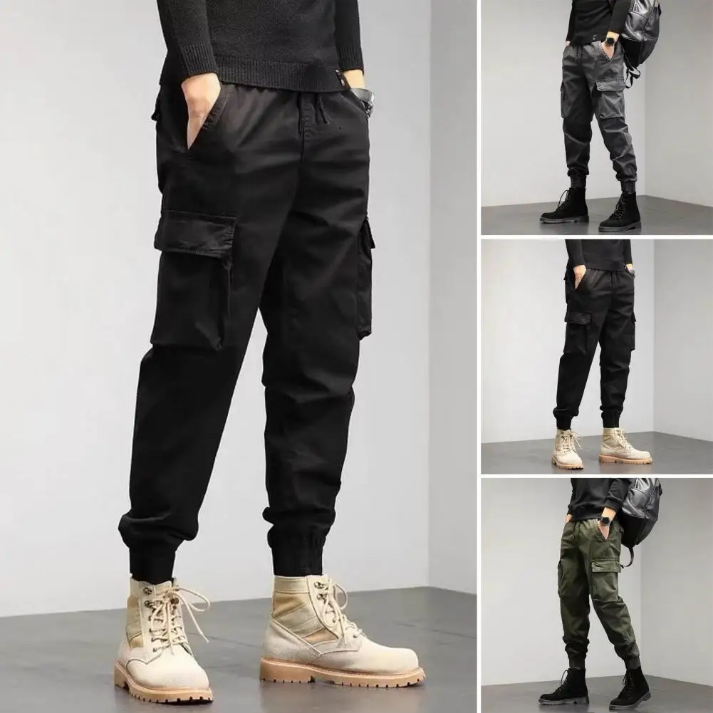 

Cargo Trousers Men's Cargo Pants with Elastic Waist Adjustable Drawstring Multi Pockets Casual Overalls Solid Color Regular Fit
