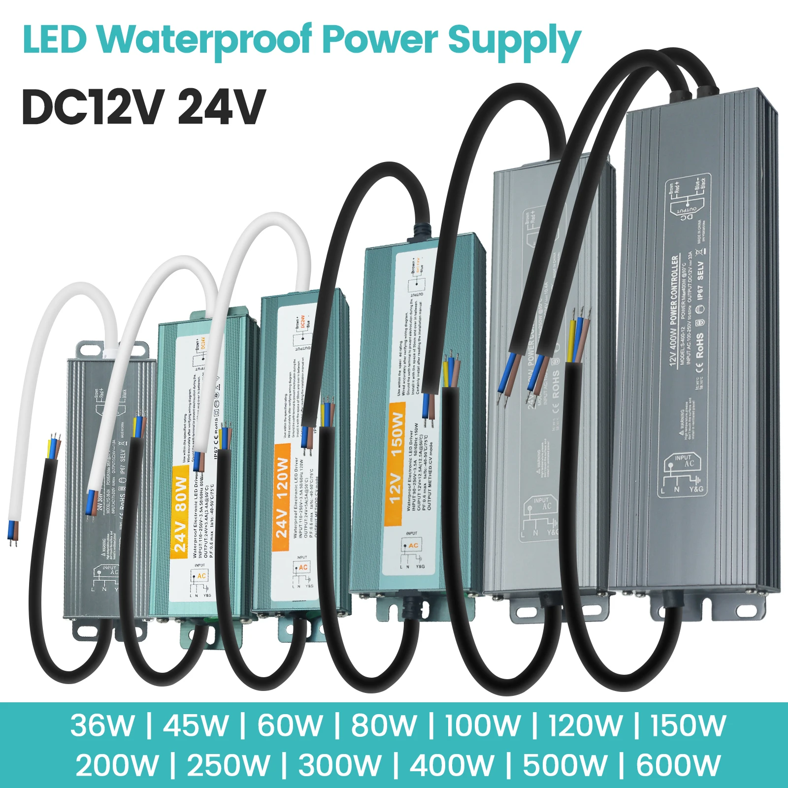

Lighting Transformer DC 12V/24V Power Supply Adapter 60W 100W 200W 300W 400W IP67 Waterproof Ultra thin LED Strip Switch Driver