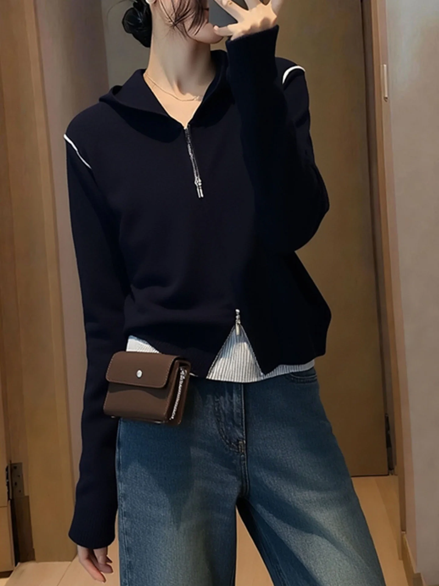 Korean Sle Winter Faionable Hooded Camere Knitwear Long Sve Color Blo Design Casual Comfortable Women's Top