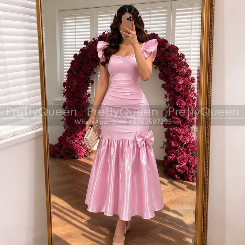 Pink Mermaid Bridesmaid Dresses Long Ankle Length Square Neck Customized Trumpet Wedding Party Dress Plus Size Women