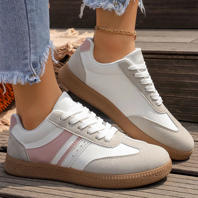 

Белые розовые кроссовки в стиле пэчворк на массивной подошве для женщин, осень 2026, спортивная обувь на толстой платформе, женские нескользящие повседневные туфли на плоской подошве