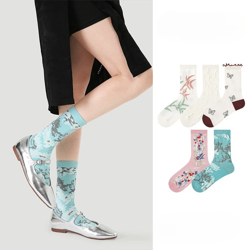 

【5 Pairs】Medium Tube Socks Women's Spring Three-dimensional Relief Flower Butterfly Edge Boneless Trend