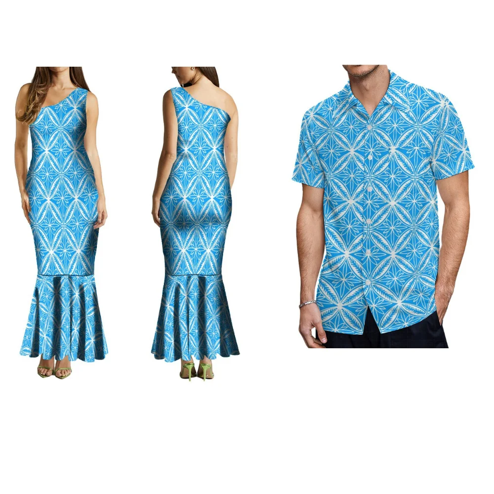 

Women's Diagonal Shoulder Temperament Fishtail Skirt Dress With Men's Short-Sleeved Shirt Polynesian Tribal Print custom Dress