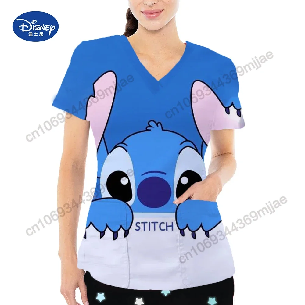 Fashion short sleeve casual comfortable women T-shirt with large pocket top V-neck design Disney cartoon pattern nurse uniform